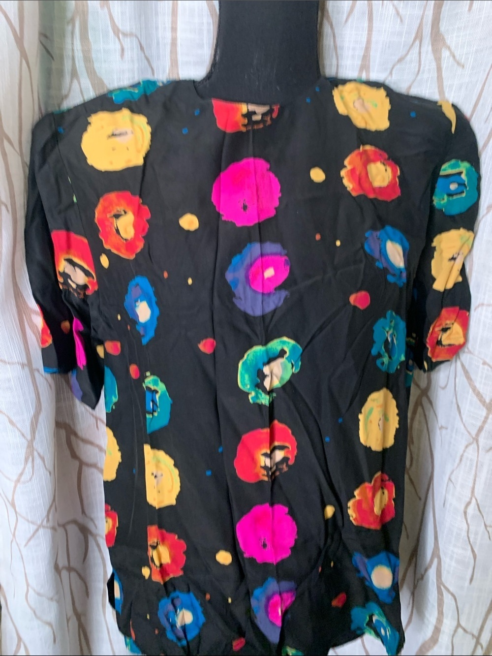 100 silk vintage Black Floral Print Short Sleeve Shirt
